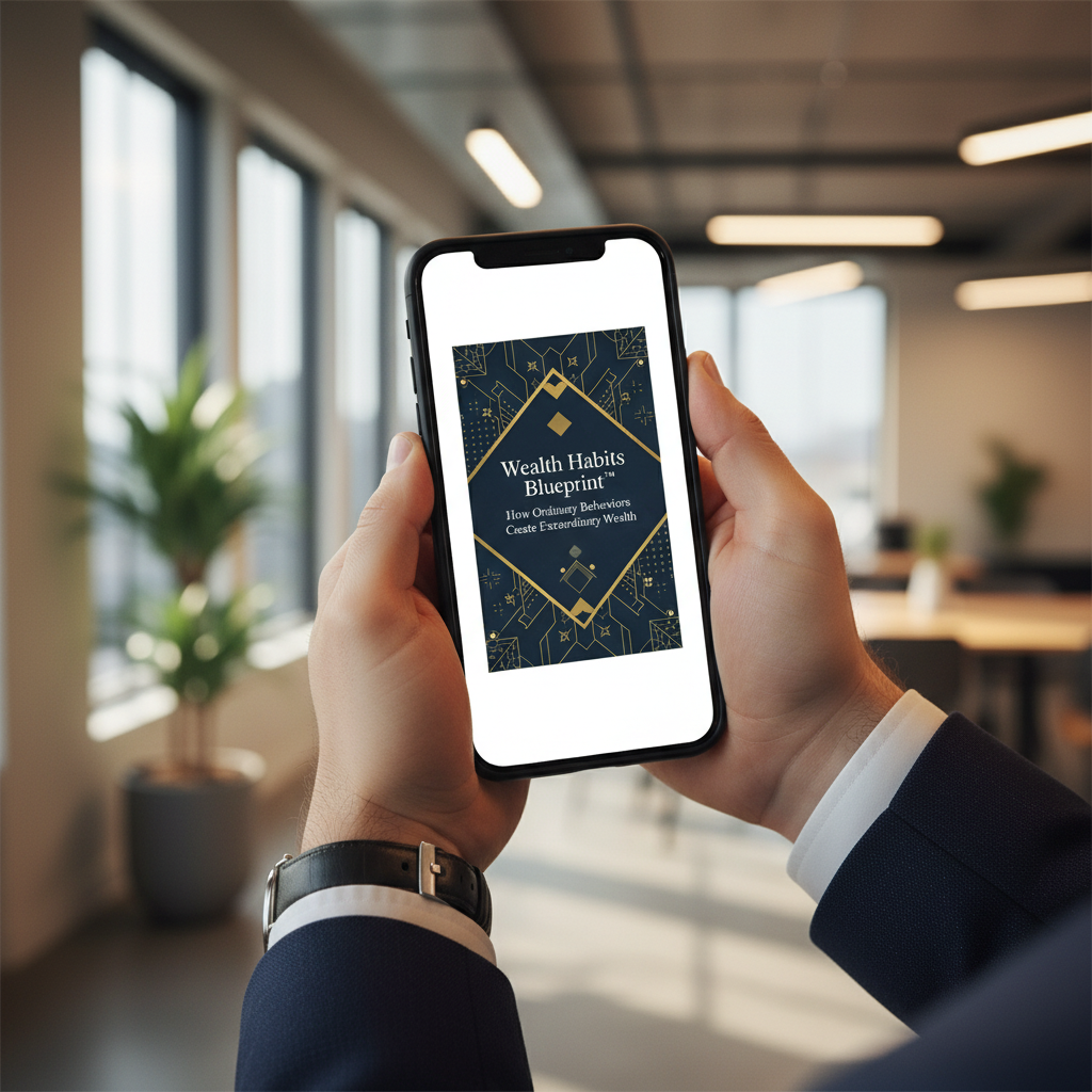 Wealth Habits Blueprint™ — Lifestyle smartphone mockup, professional setting