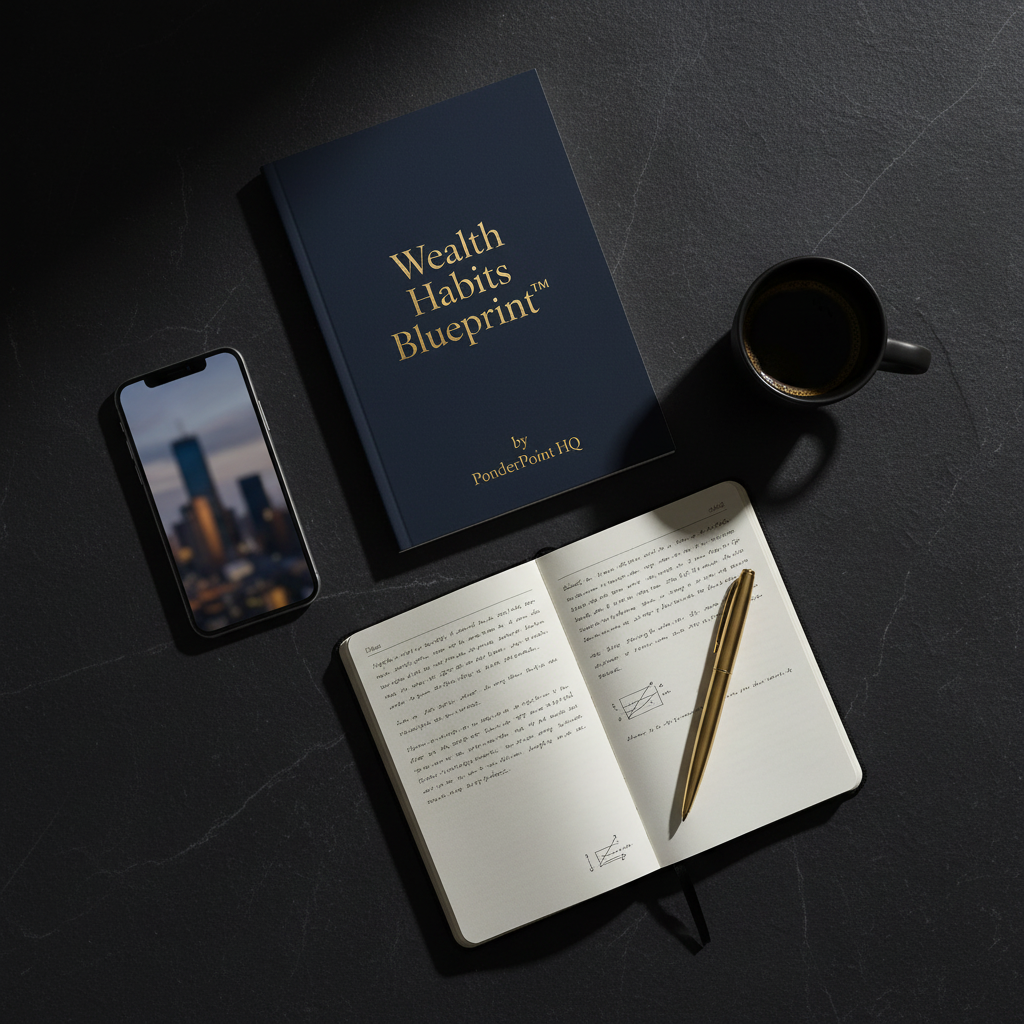 Wealth Habits Blueprint™ — Dark editorial flat lay with notebook, pen and coffee