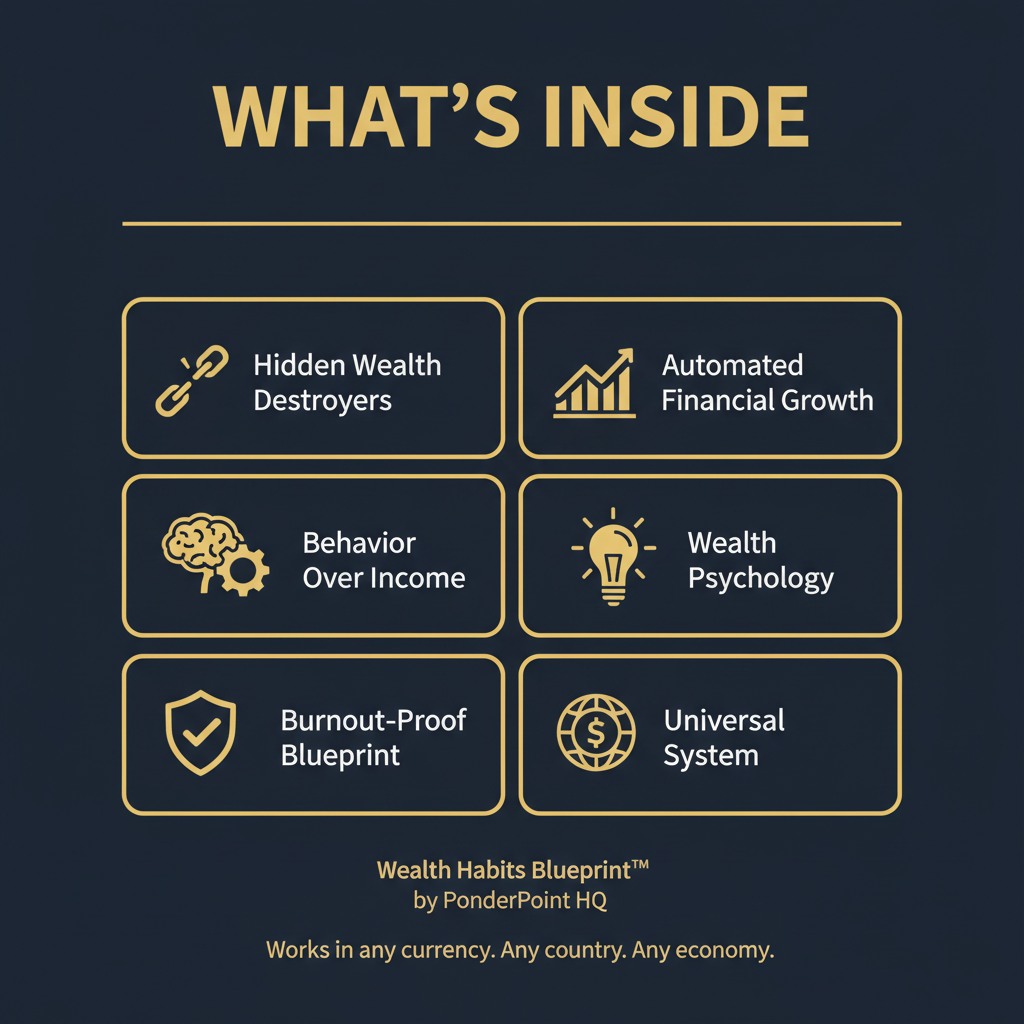 Wealth Habits Blueprint™ — What's Inside infographic, six core frameworks
