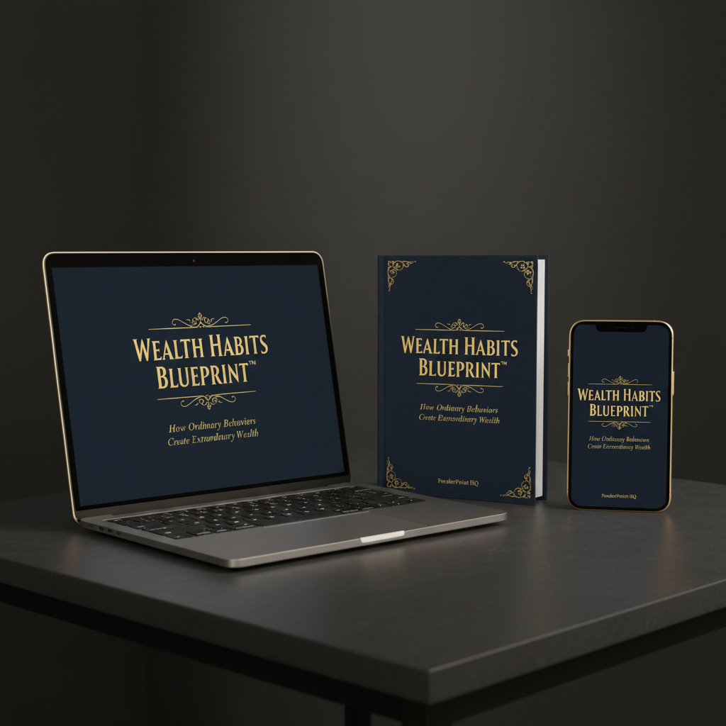 Wealth Habits Blueprint™ — Laptop and smartphone mockup, dark premium workspace