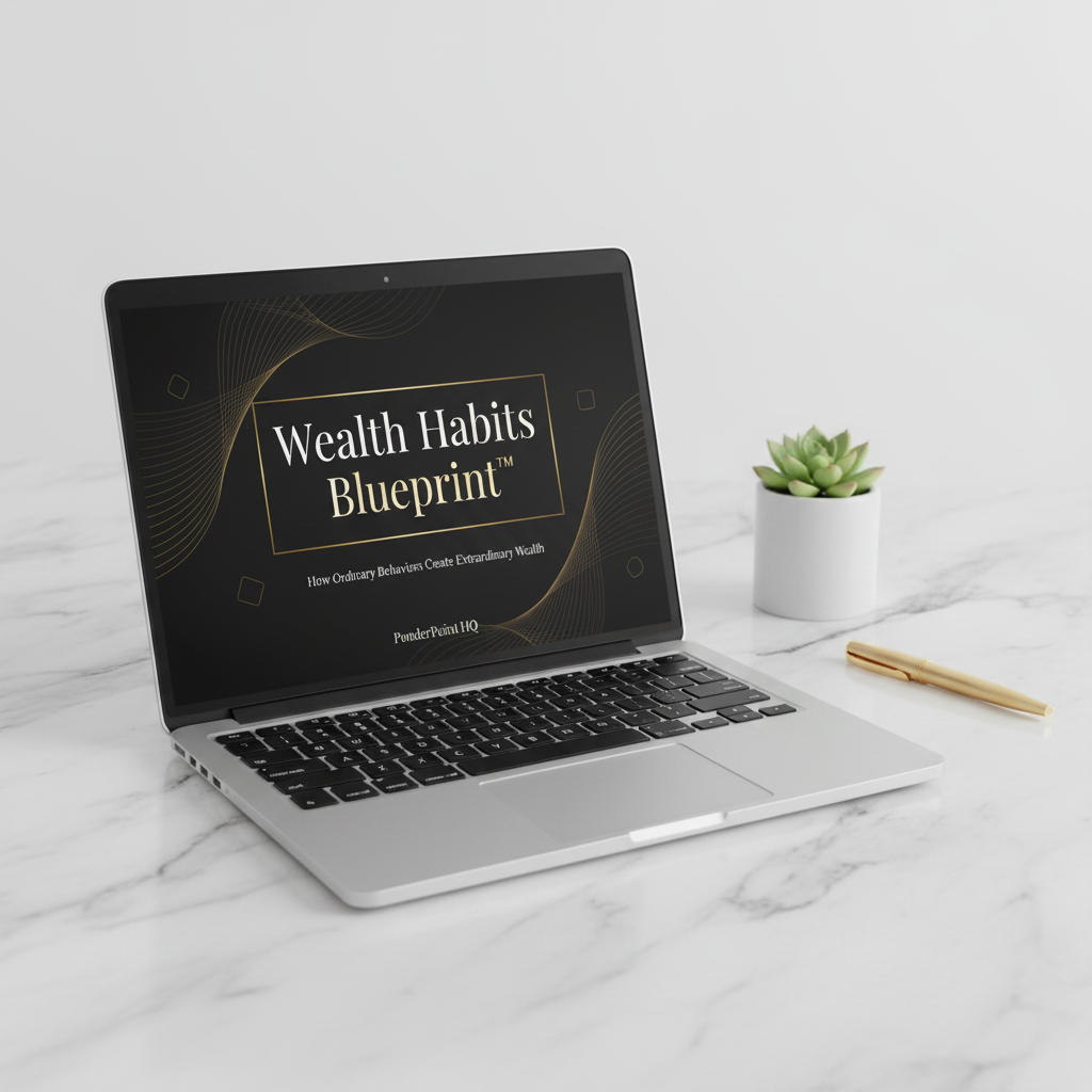 Wealth Habits Blueprint™ — Laptop mockup on white marble desk, clean premium aesthetic